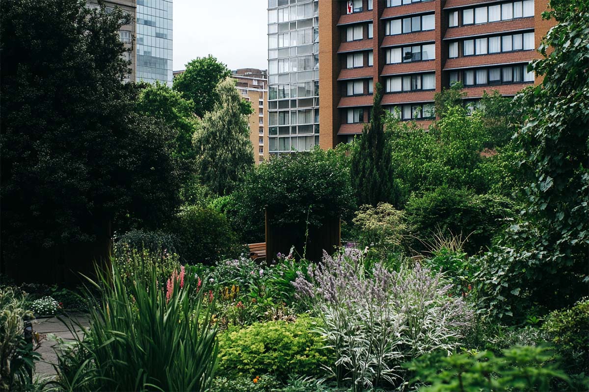 a lush communal garden in North London